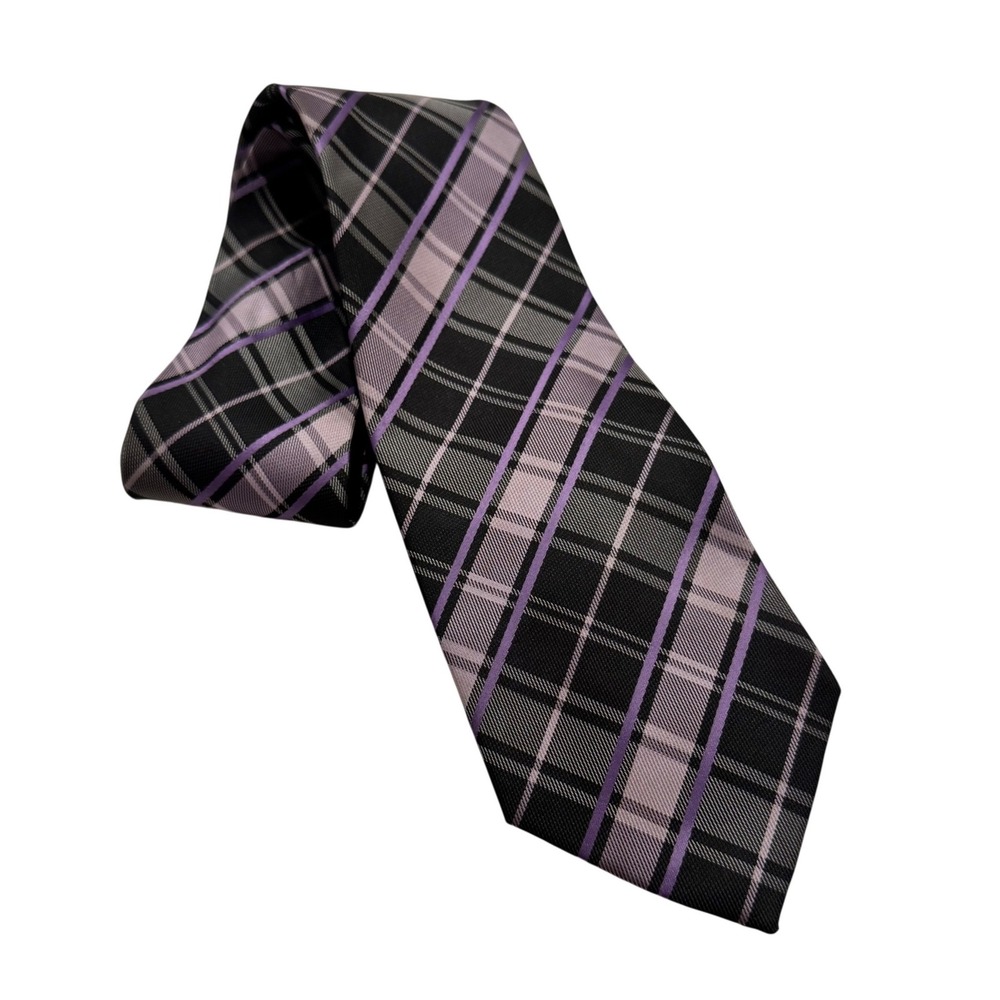 Bergamo New York Mens Plaid Necktie Purple Black Grey Hand Made Polyester Tie